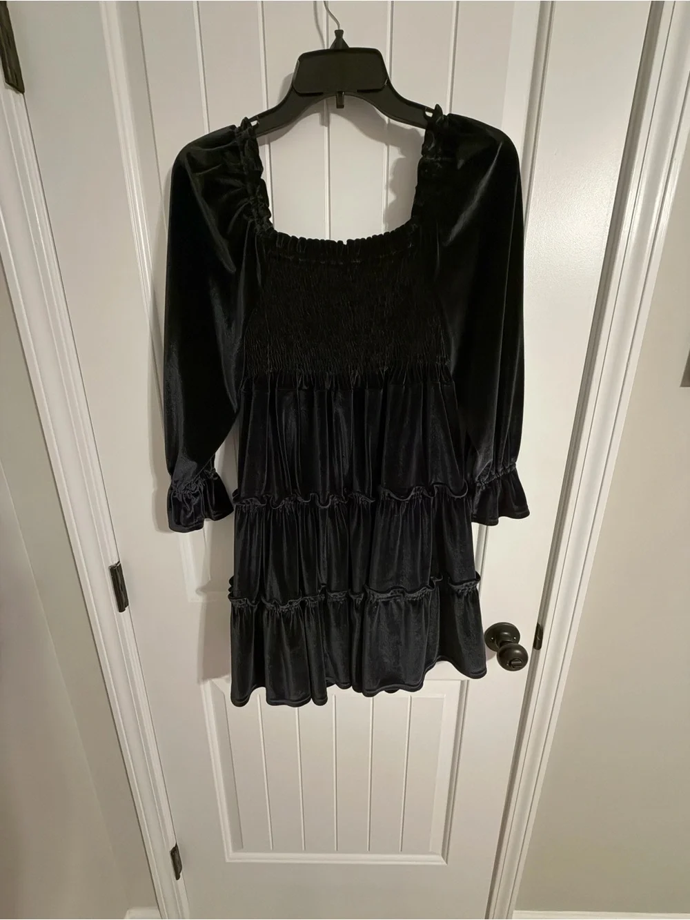 crown & ivy Black Velvet Tiered Smocked Mini Dress